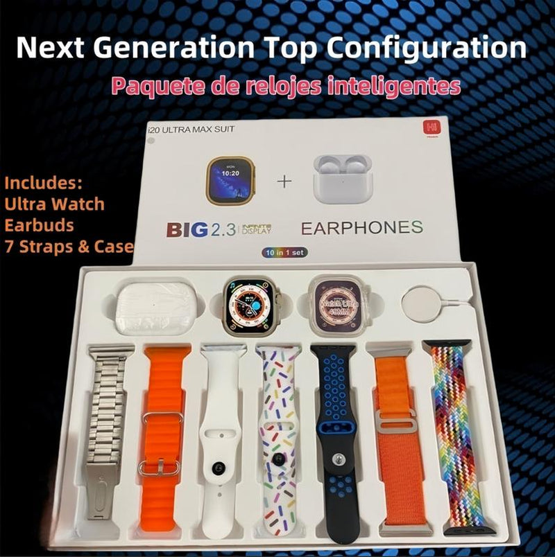 10-In-1 Smar Twatch Kit : Includes Smart Watch, Bluetooth Earbuds, 7 Interchangeable Bands, Wireless Watch Charger, Protective Case & Audio Support – Compact, Portable & Perfect Gift for Men & Women