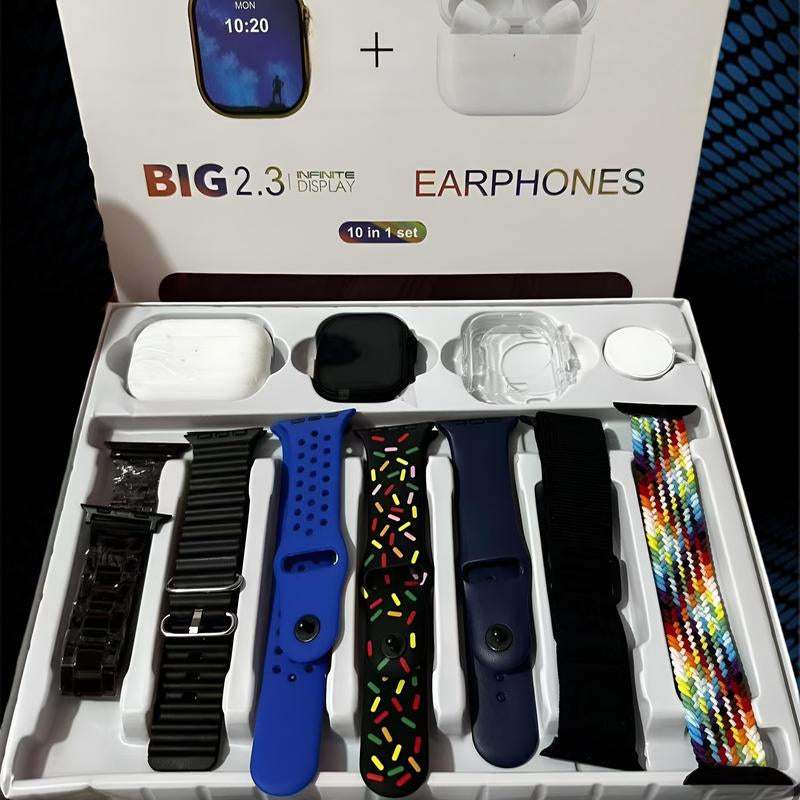 10-In-1 Smar Twatch Kit : Includes Smart Watch, Bluetooth Earbuds, 7 Interchangeable Bands, Wireless Watch Charger, Protective Case & Audio Support – Compact, Portable & Perfect Gift for Men & Women