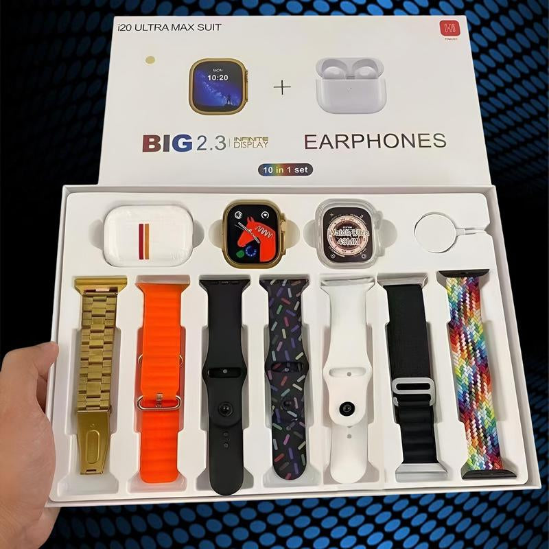 10-In-1 Smar Twatch Kit : Includes Smart Watch, Bluetooth Earbuds, 7 Interchangeable Bands, Wireless Watch Charger, Protective Case & Audio Support – Compact, Portable & Perfect Gift for Men & Women