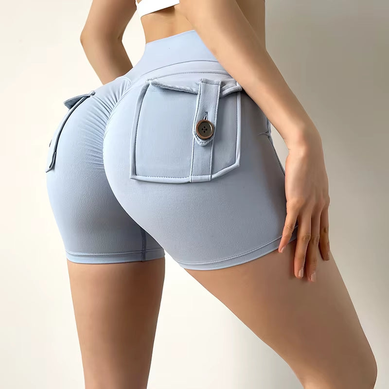 Women Sport Shorts Pockets Gym Sexy High Waist Workout Push up Booty Scrunch Biker Shorts Pants Fitness Cycling Tights